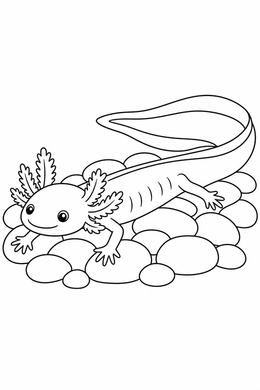 Long axolotl stretching on pebbles: A long slender axolotl with a wide tail fin stretching out its legs on a bed of smooth pebbles, free printable coloring page