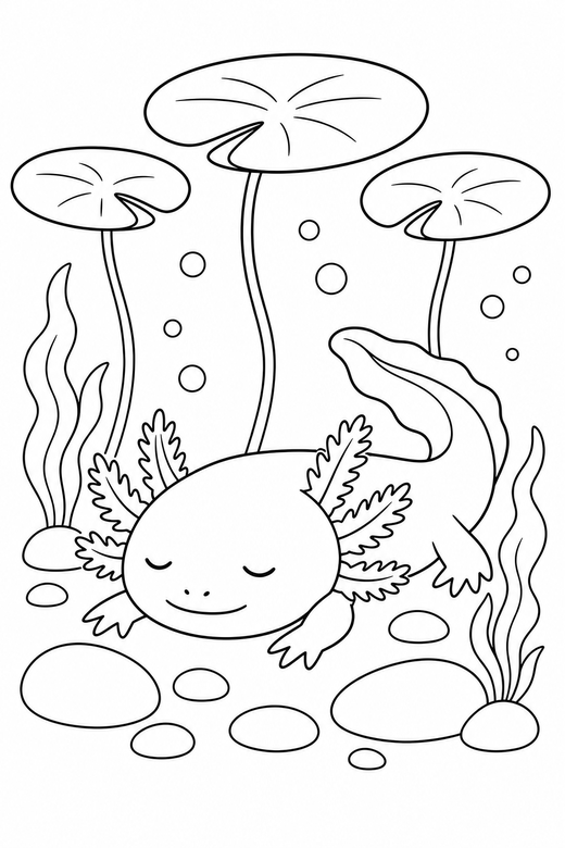 Sleepy axolotl resting under lily pads: An axolotl with closed, sleepy eyes resting on the bottom under floating lily pads, free printable coloring page