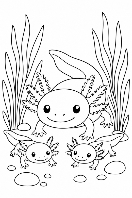 Axolotl family resting among reeds: A large axolotl with two small ones resting on the bottom among slender reeds, free printable coloring page