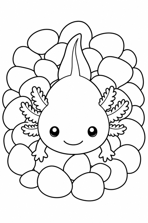Baby axolotl seen from above on pebbles: A tiny round baby axolotl seen from directly above on a bed of smooth pebbles, free printable coloring page