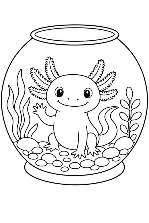 Waving axolotl sitting in a tank: An axolotl lifting one front leg as if waving sitting up on its front legs inside a rounded glass tank, free printable coloring page