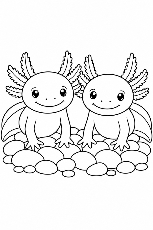 Two axolotls sitting on pebbles: Two axolotls side by side sitting up on their front legs on a bed of smooth pebbles, free printable coloring page