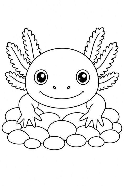 Axolotl face on pebbles: A close-up axolotl face with wide eyes and frilled gills on a bed of smooth pebbles, drawn large with generous white space around, free printable coloring page