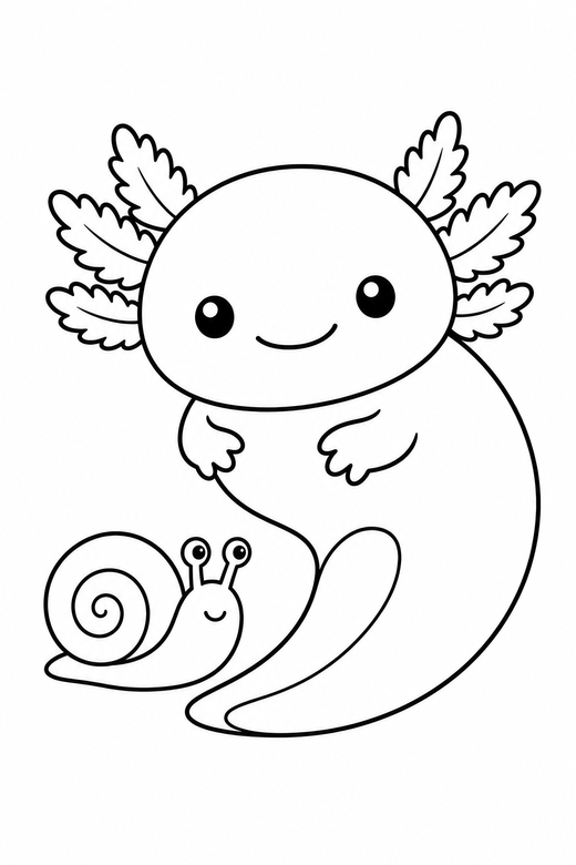 Chubby axolotl curled with a snail: A very round, chubby axolotl curled into a comma shape next to a small water snail, free printable coloring page