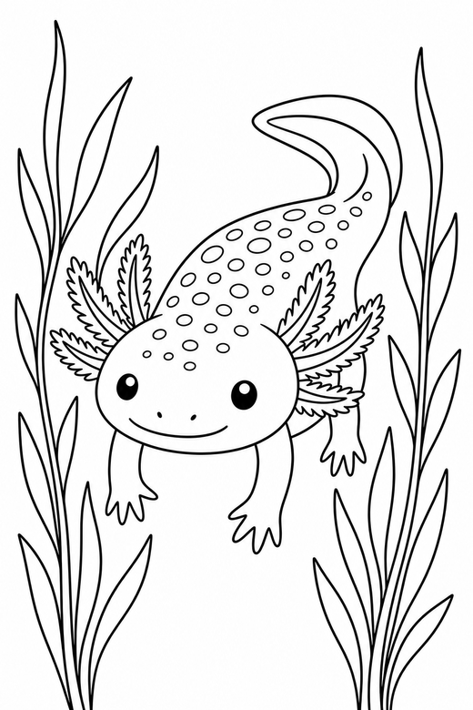 Patterned axolotl floating among reeds: An axolotl with speckled patterning on its back floating with its legs hanging down among slender reeds, free printable coloring page