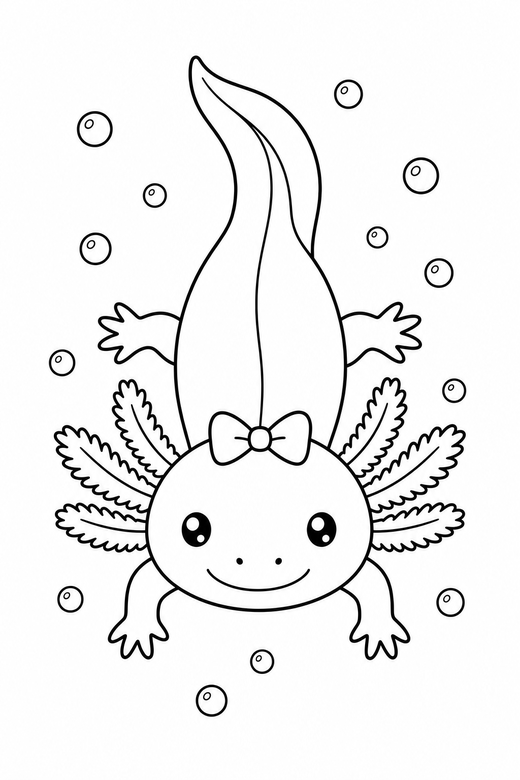 Axolotl with a bow seen from above: An axolotl wearing a small bow seen from directly above with small bubbles rising around it, free printable coloring page