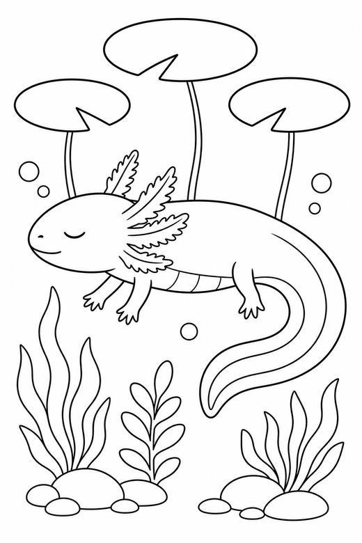 Sleepy axolotl side view under lily pads: An axolotl with closed, sleepy eyes shown in side profile under floating lily pads, free printable coloring page