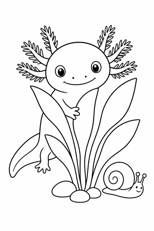Axolotl peeking with a snail: An axolotl with feathery external gills peeking out from behind a plant next to a small water snail, free printable coloring page