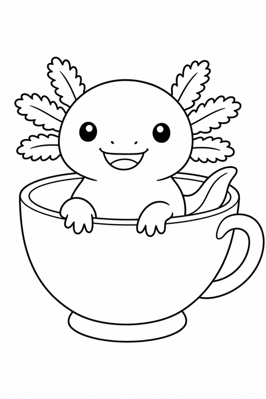 Smiling axolotl resting in a teacup: A smiling cartoon axolotl resting on the bottom sitting in an oversized teacup, free printable coloring page