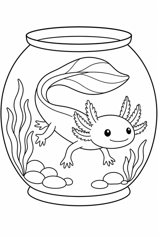 Long axolotl swimming in a tank: A long slender axolotl with a wide tail fin swimming forward with its tail curved inside a rounded glass tank, free printable coloring page