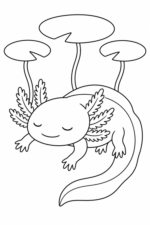 Sleepy axolotl swimming under lily pads: An axolotl with closed, sleepy eyes swimming forward with its tail curved under floating lily pads, free printable coloring page
