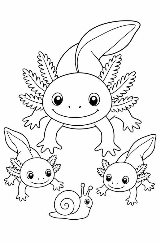 Axolotl family stretching with a snail: A large axolotl with two small ones stretching out its legs next to a small water snail, free printable coloring page