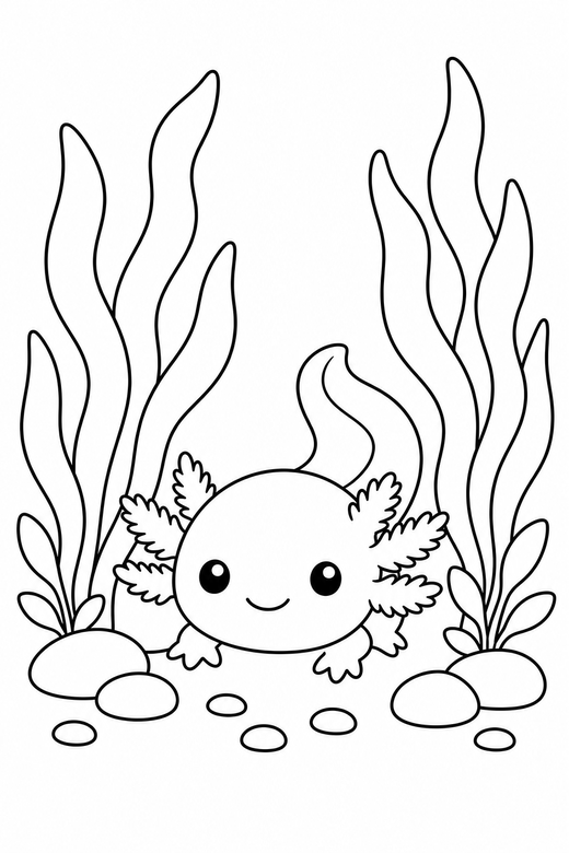 Baby axolotl resting among water plants: A tiny round baby axolotl resting on the bottom among tall water plants, free printable coloring page
