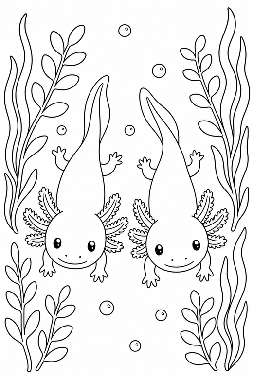 Two axolotls seen from above: Two axolotls side by side seen from directly above among tall water plants, free printable coloring page