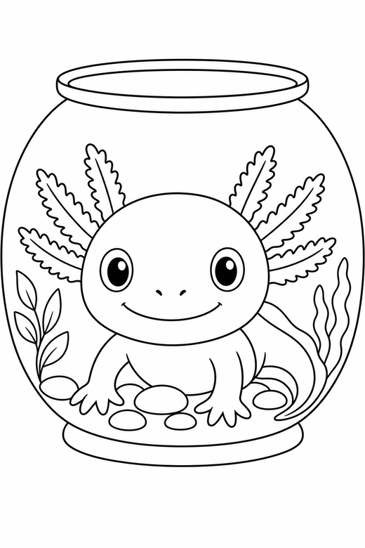 Axolotl face in a tank: A close-up axolotl face with wide eyes and frilled gills inside a rounded glass tank, tilted at a gentle angle, free printable coloring page