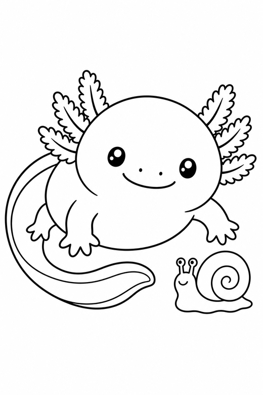 Chubby axolotl swimming with a snail: A very round, chubby axolotl swimming forward with its tail curved next to a small water snail, free printable coloring page