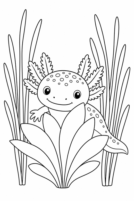 Patterned axolotl peeking among reeds: An axolotl with speckled patterning on its back peeking out from behind a plant among slender reeds, free printable coloring page
