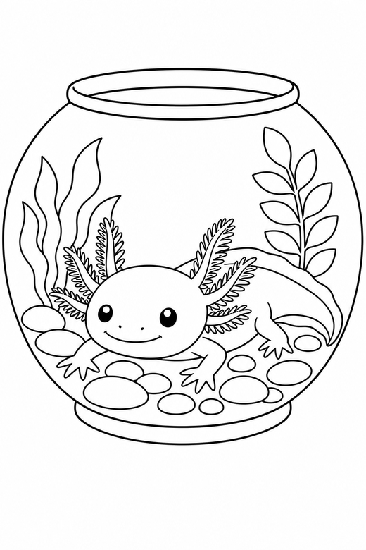 Axolotl resting in a tank: An axolotl with feathery external gills resting on the bottom inside a rounded glass tank, free printable coloring page