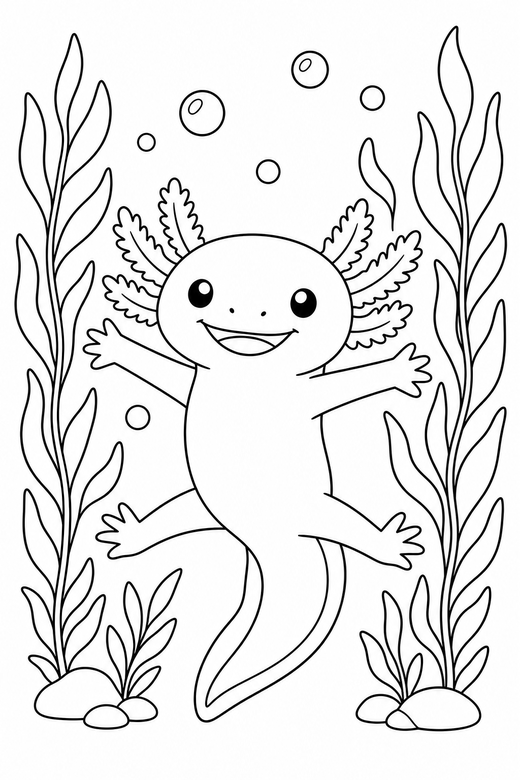 Smiling axolotl stretching: A smiling cartoon axolotl stretching out its legs among tall water plants, free printable coloring page