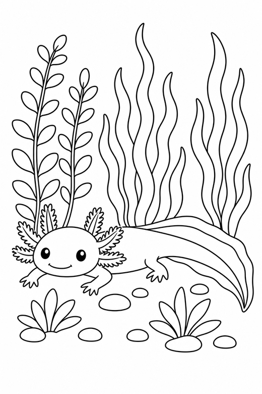 Long axolotl resting among water plants: A long slender axolotl with a wide tail fin resting on the bottom among tall water plants, free printable coloring page