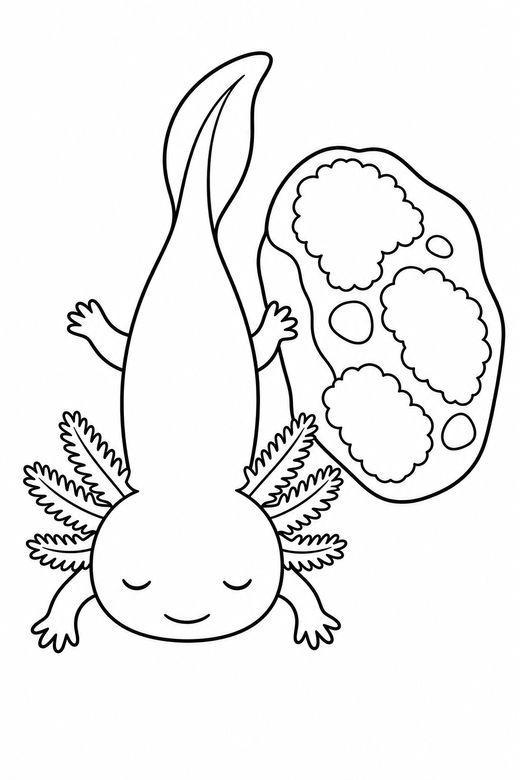 Sleepy axolotl seen from above near a rock: An axolotl with closed, sleepy eyes seen from directly above beside a mossy rock, free printable coloring page