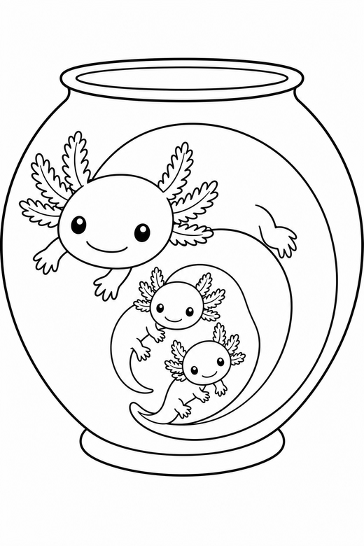 Axolotl family curled in a tank: A large axolotl with two small ones curled into a comma shape inside a rounded glass tank, free printable coloring page
