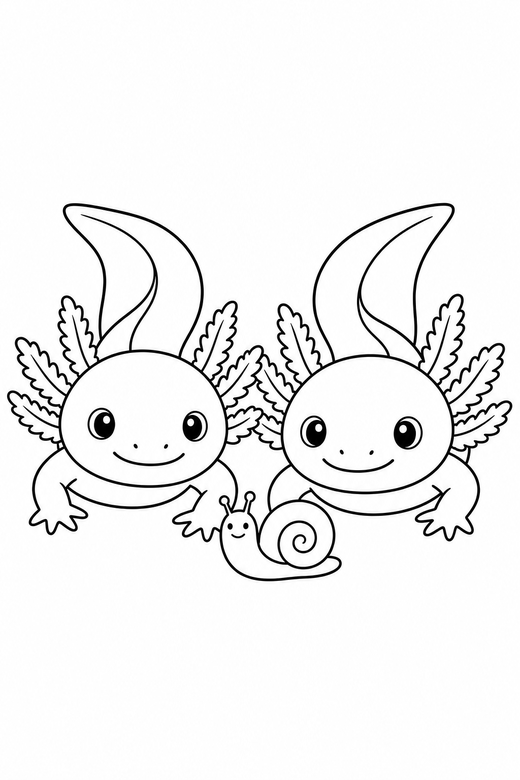 Two axolotls resting with a snail: Two axolotls side by side resting on the bottom next to a small water snail, free printable coloring page