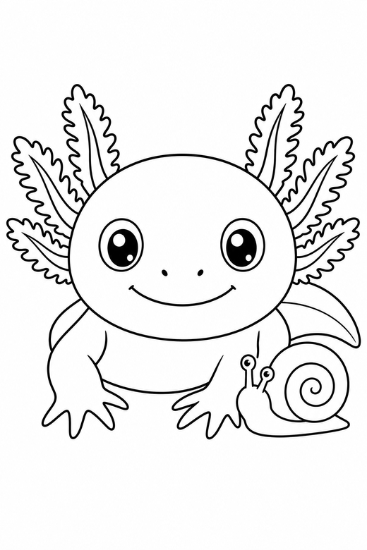 Axolotl face with a snail: A close-up axolotl face with wide eyes and frilled gills next to a small water snail, drawn large with generous white space around, free printable coloring page