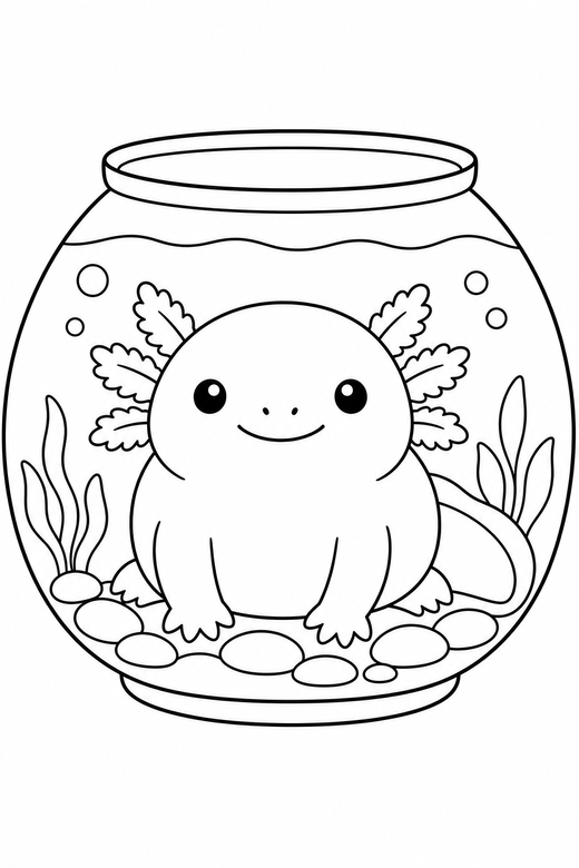 Chubby axolotl sitting in a tank: A very round, chubby axolotl sitting up on its front legs inside a rounded glass tank, free printable coloring page