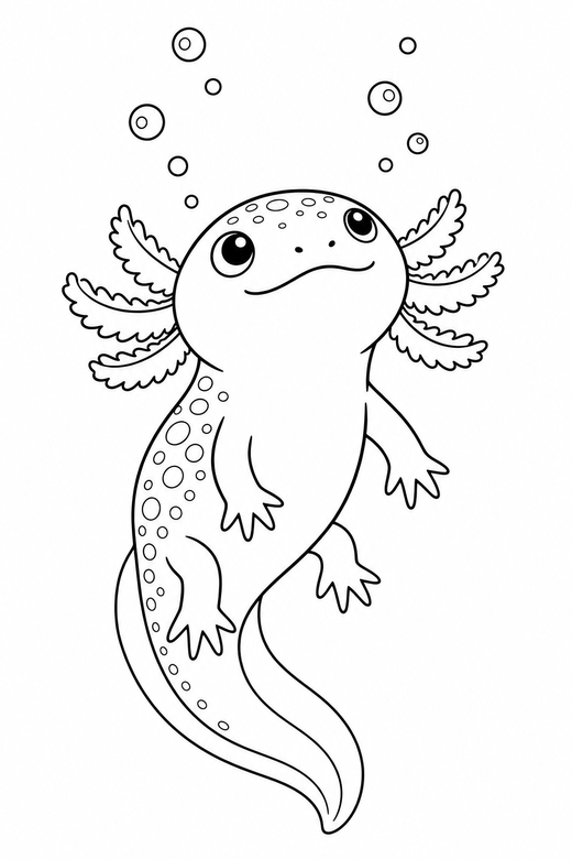 Patterned axolotl looking up with bubbles: An axolotl with speckled patterning on its back looking upward with small bubbles rising around it, free printable coloring page