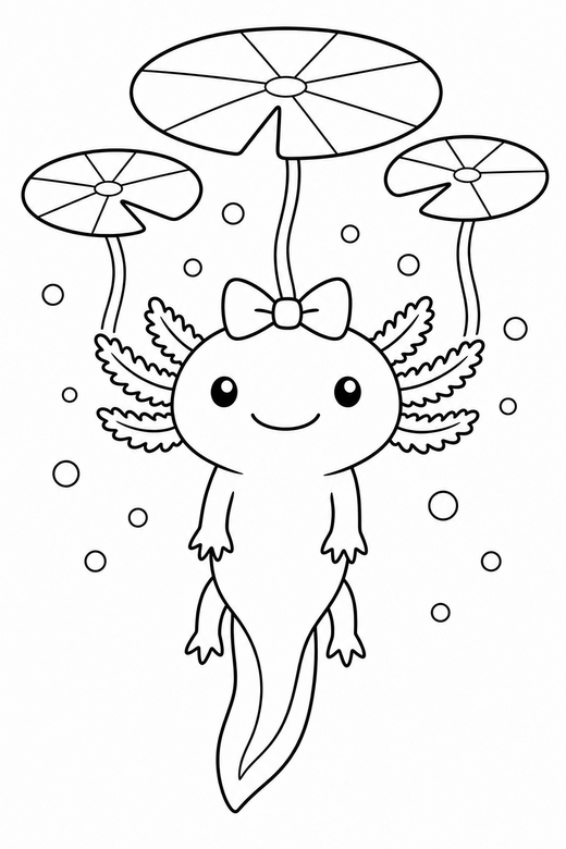 Axolotl with a bow floating under lily pads: An axolotl wearing a small bow floating with its legs hanging down under floating lily pads, free printable coloring page