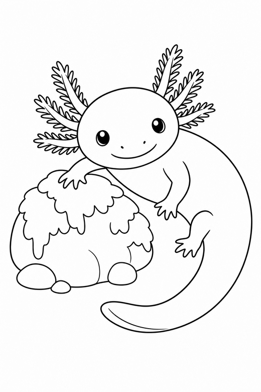 Axolotl curled near a rock: An axolotl with feathery external gills curled into a comma shape beside a mossy rock, free printable coloring page