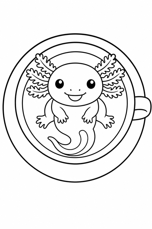 Smiling axolotl seen from above in a teacup: A smiling cartoon axolotl seen from directly above sitting in an oversized teacup, free printable coloring page