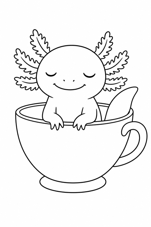 Sleepy axolotl sitting in a teacup: An axolotl with closed, sleepy eyes sitting up on its front legs sitting in an oversized teacup, free printable coloring page