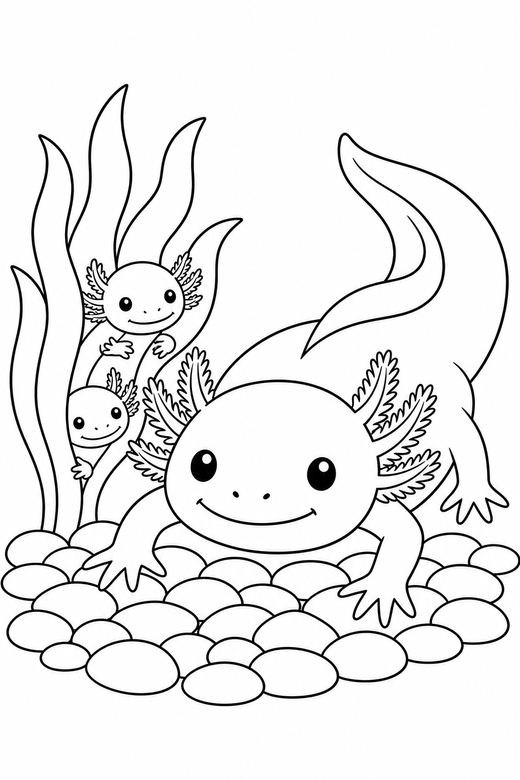 Axolotl family peeking on pebbles: A large axolotl with two small ones peeking out from behind a plant on a bed of smooth pebbles, free printable coloring page