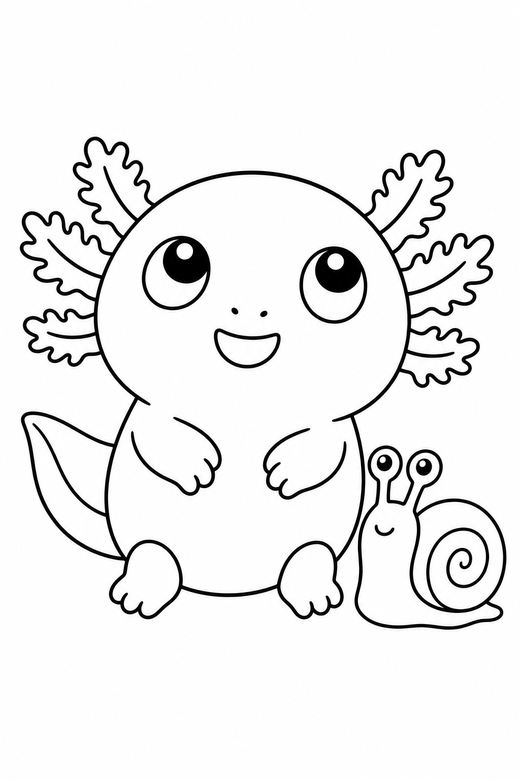 Baby axolotl looking up with a snail: A tiny round baby axolotl looking upward next to a small water snail, free printable coloring page