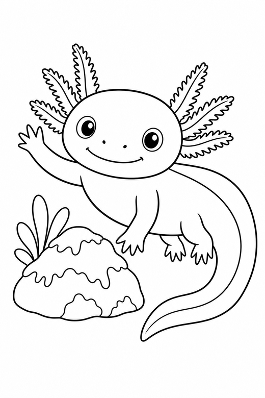 Waving axolotl swimming near a rock: An axolotl lifting one front leg as if waving swimming forward with its tail curved beside a mossy rock, free printable coloring page