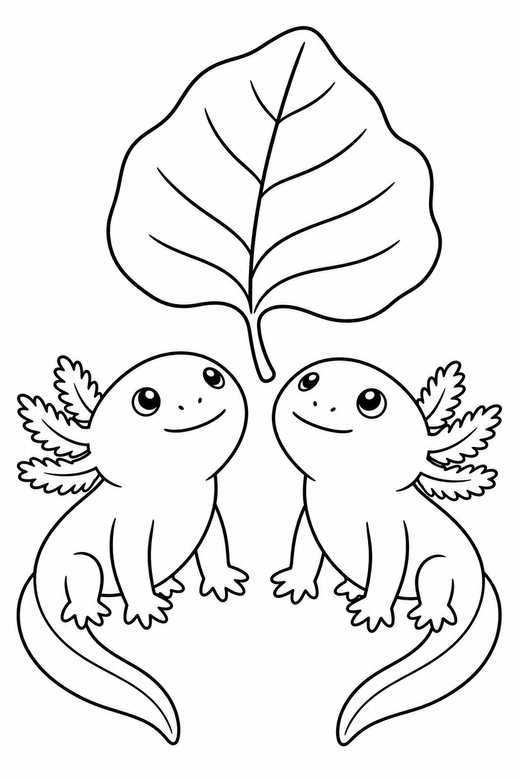 Two axolotls looking up with a leaf: Two axolotls side by side looking upward beside a single broad leaf, free printable coloring page