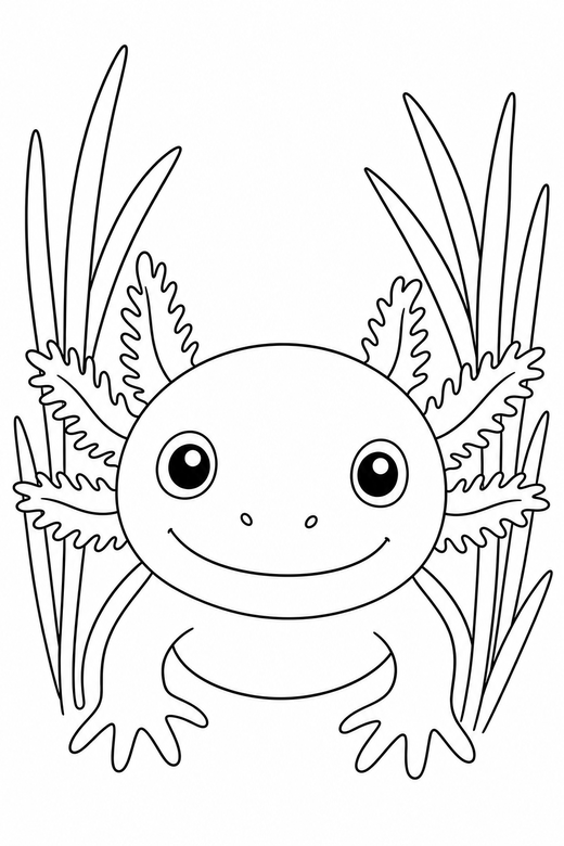 Axolotl face among reeds: A close-up axolotl face with wide eyes and frilled gills among slender reeds, tilted at a gentle angle, free printable coloring page