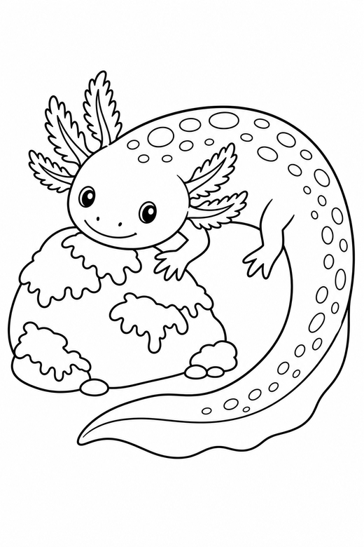 Patterned axolotl curled near a rock: An axolotl with speckled patterning on its back curled into a comma shape beside a mossy rock, free printable coloring page