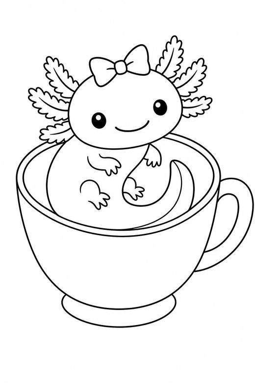 Axolotl with a bow curled in a teacup: An axolotl wearing a small bow curled into a comma shape sitting in an oversized teacup, free printable coloring page