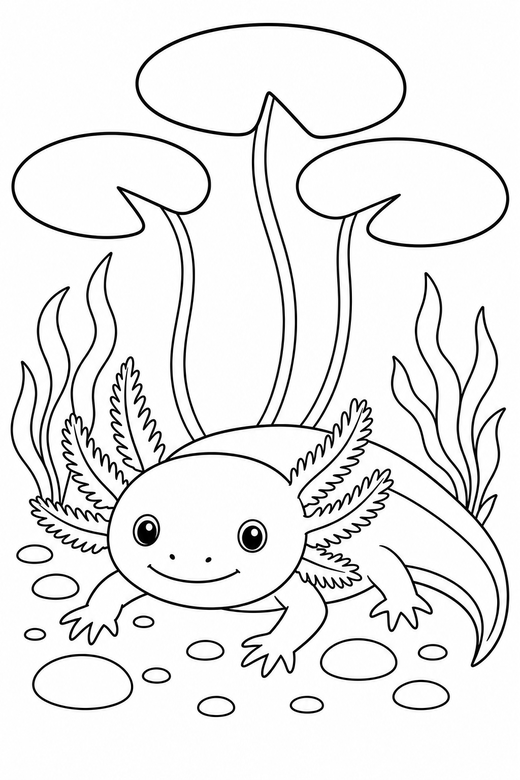 Axolotl resting under lily pads: An axolotl with feathery external gills resting on the bottom under floating lily pads, free printable coloring page