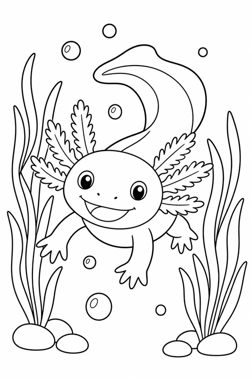 Smiling axolotl swimming among reeds: A smiling cartoon axolotl swimming forward with its tail curved among slender reeds, free printable coloring page