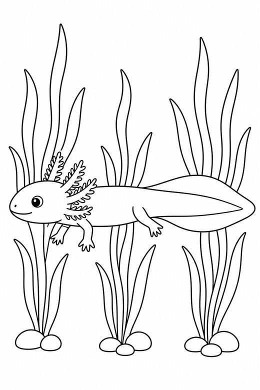 Long axolotl side view among reeds: A long slender axolotl with a wide tail fin shown in side profile among slender reeds, free printable coloring page
