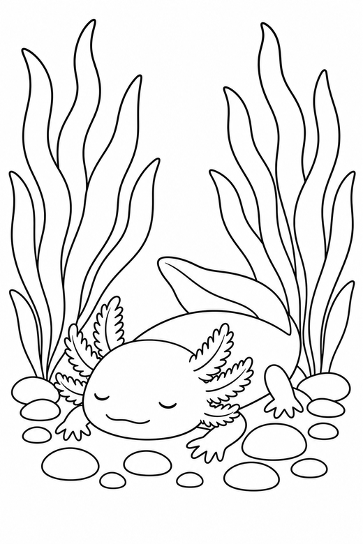 Sleepy axolotl resting among water plants: An axolotl with closed, sleepy eyes resting on the bottom among tall water plants, free printable coloring page