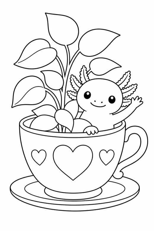 Waving axolotl peeking in a teacup: An axolotl lifting one front leg as if waving peeking out from behind a plant sitting in an oversized teacup, free printable coloring page