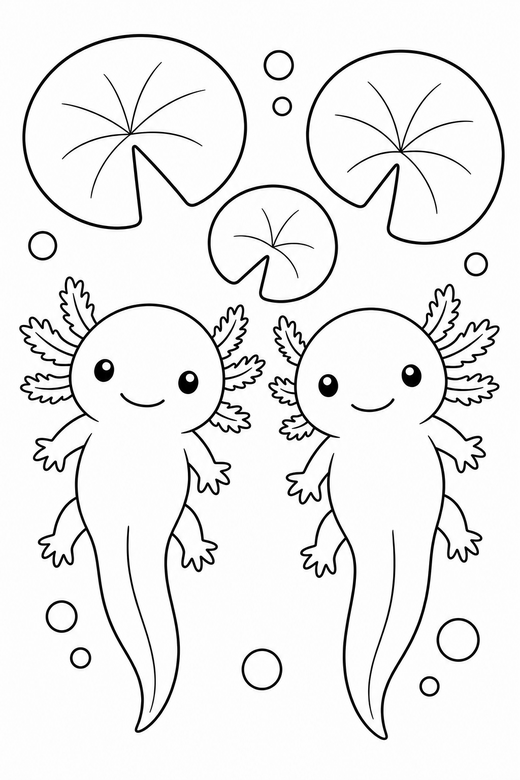 Two axolotls seen from above under lily pads: Two axolotls side by side seen from directly above under floating lily pads, free printable coloring page