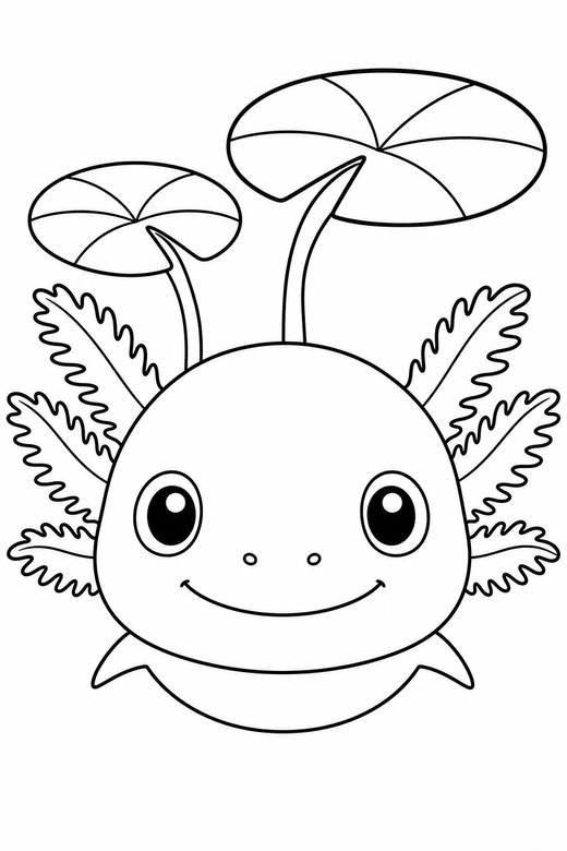 Axolotl face under lily pads: A close-up axolotl face with wide eyes and frilled gills under floating lily pads, drawn large with generous white space around, free printable coloring page