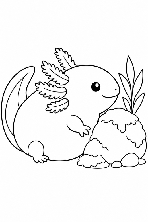 Chubby axolotl side view near a rock: A very round, chubby axolotl shown in side profile beside a mossy rock, free printable coloring page