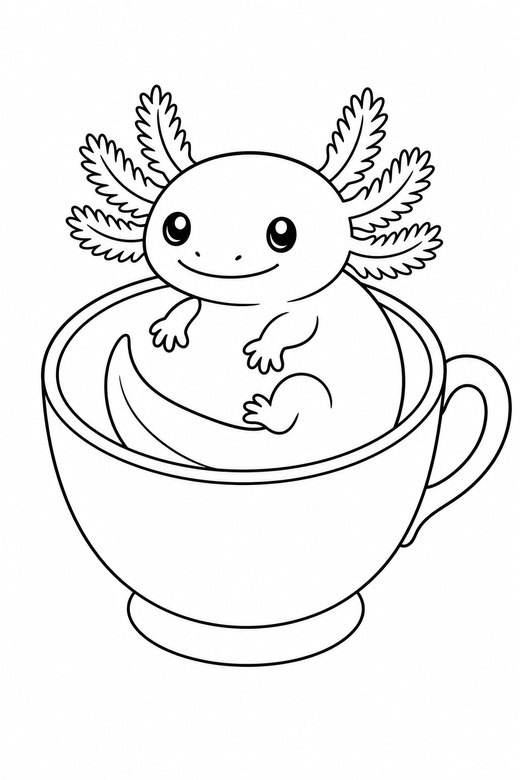 Axolotl curled in a teacup: An axolotl with feathery external gills curled into a comma shape sitting in an oversized teacup, free printable coloring page